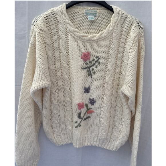 Vintage Sweaters - Jamie Scott Vintage Hand Knit Sweater Floral Cream Pullover Large 90s